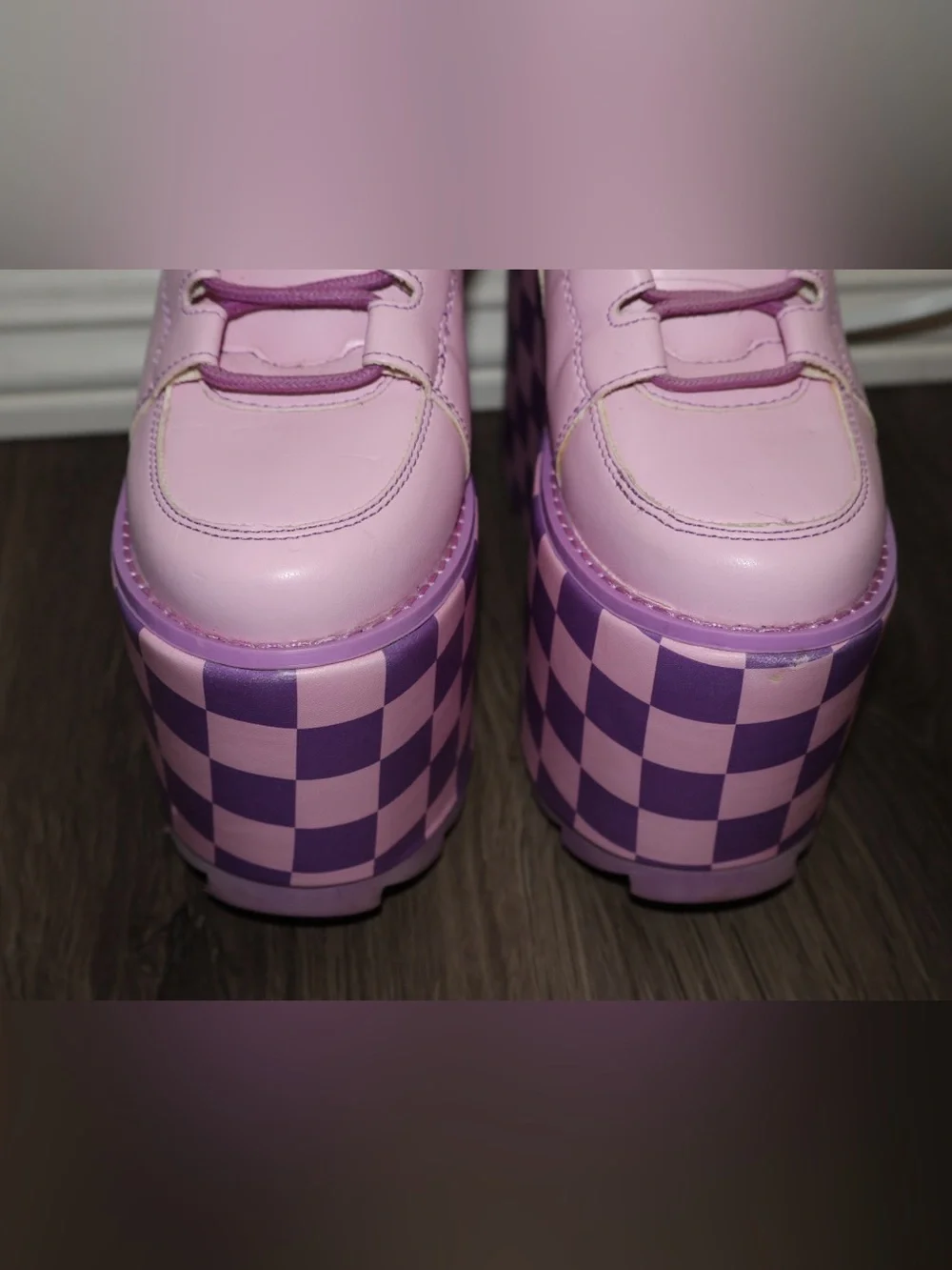 womens YRU pair of pink and purple checkered platform high-top sneakers Size 5
